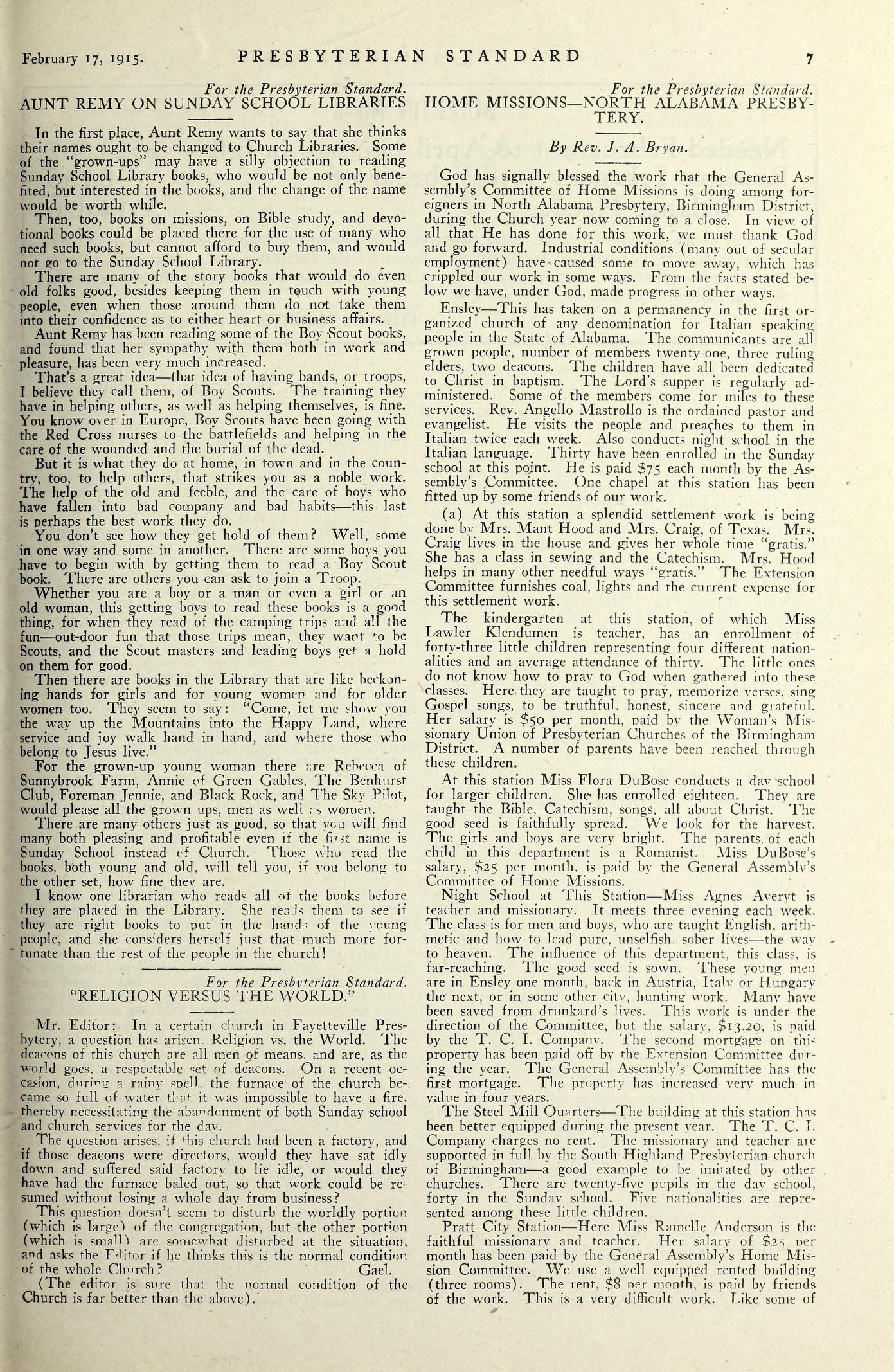 Home Missions--North Alabama Presbytery by J.A. Bryan